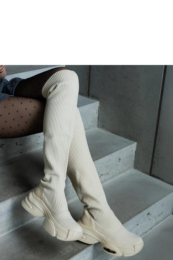 Beige Thigh-Hight Boots.Fabric and Heel Height
