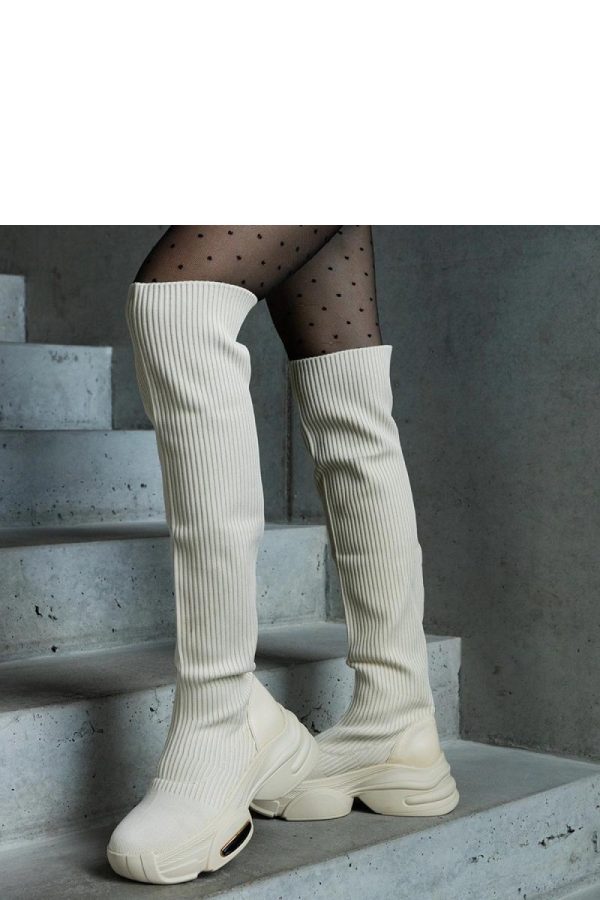 Beige Thigh-Hight Boots.Fabric and Heel Height