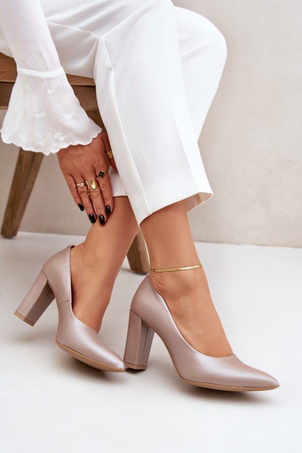 Beige Block Heel Pumps in High Heel Pumps with Fabric, Footbed, Upper Height and Heel Height