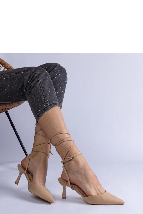 Beige High Heel Pumps.Fabric and Heel Height