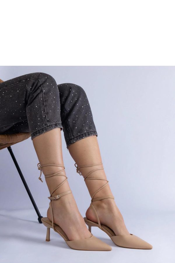 Beige High Heel Pumps.Fabric and Heel Height