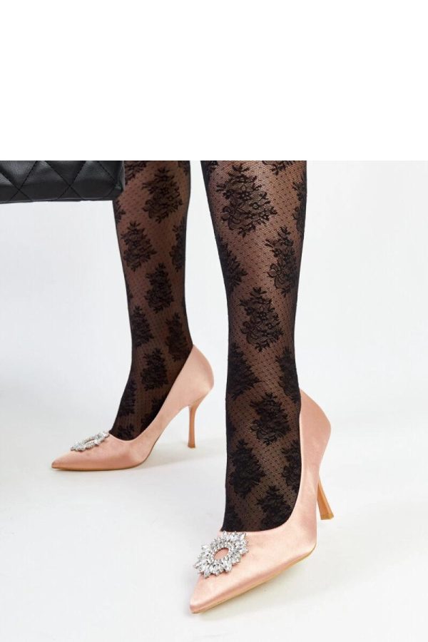 Beige High Heel Pumps.Fabric and Heel Height
