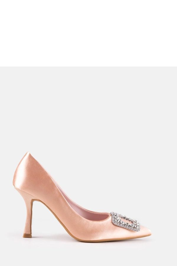 Beige High Heel Pumps.Fabric and Heel Height