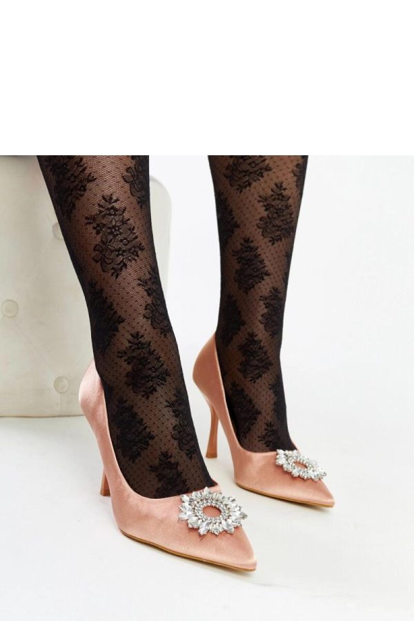 Beige High Heel Pumps.Fabric and Heel Height