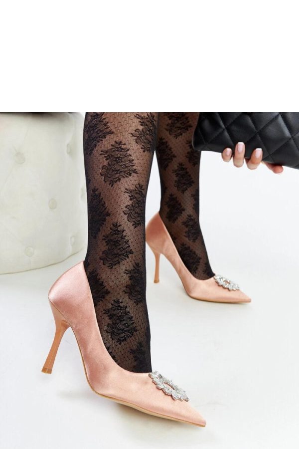 Beige High Heel Pumps.Fabric and Heel Height
