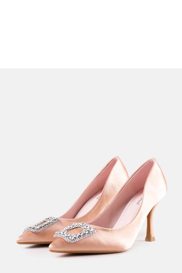 Beige High Heel Pumps.Fabric and Heel Height