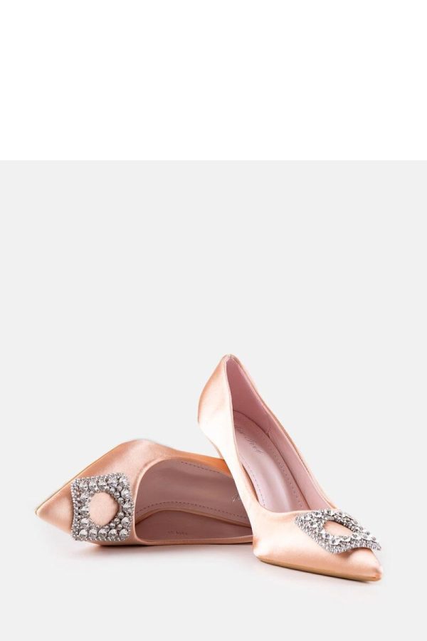 Beige High Heel Pumps.Fabric and Heel Height