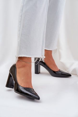 Black Block Heel Pumps in High Heel Pumps with Fabric, Footbed, Upper Height and Heel Height