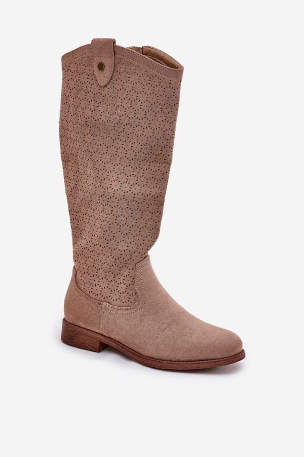 Beige Thigh-Hight Boots in Over The Knee High Boots, Thigh High Boots with Fabric, Footbed, Upper Height and Heel Height