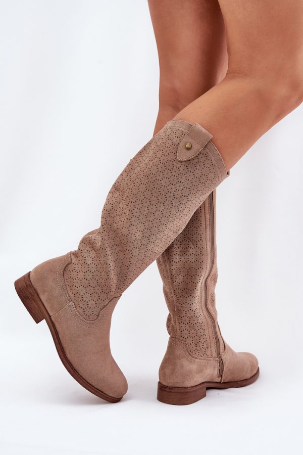 Beige Thigh-Hight Boots in Over The Knee High Boots, Thigh High Boots with Fabric, Footbed, Upper Height and Heel Height