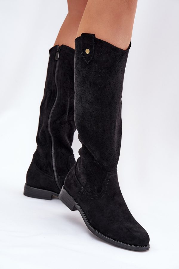 Black Thigh-Hight Boots in Over The Knee High Boots, Thigh High Boots with Fabric, Footbed, Upper Height and Heel Height
