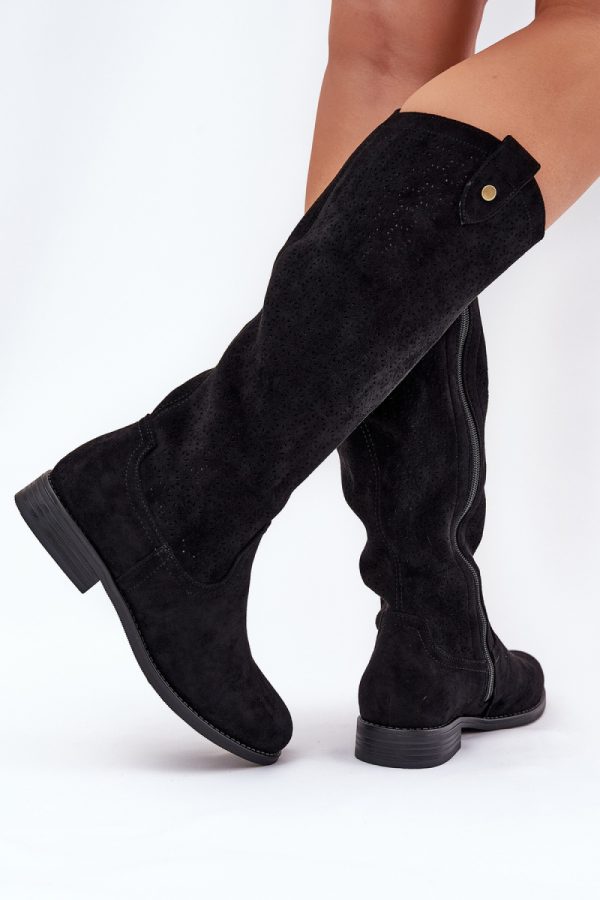 Black Thigh-Hight Boots in Over The Knee High Boots, Thigh High Boots with Fabric, Footbed, Upper Height and Heel Height