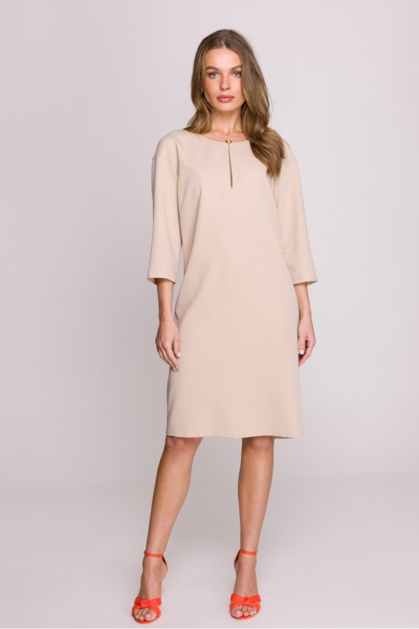 Beige Daydress in Day Dresses with Spandex, Polyester and Viscose