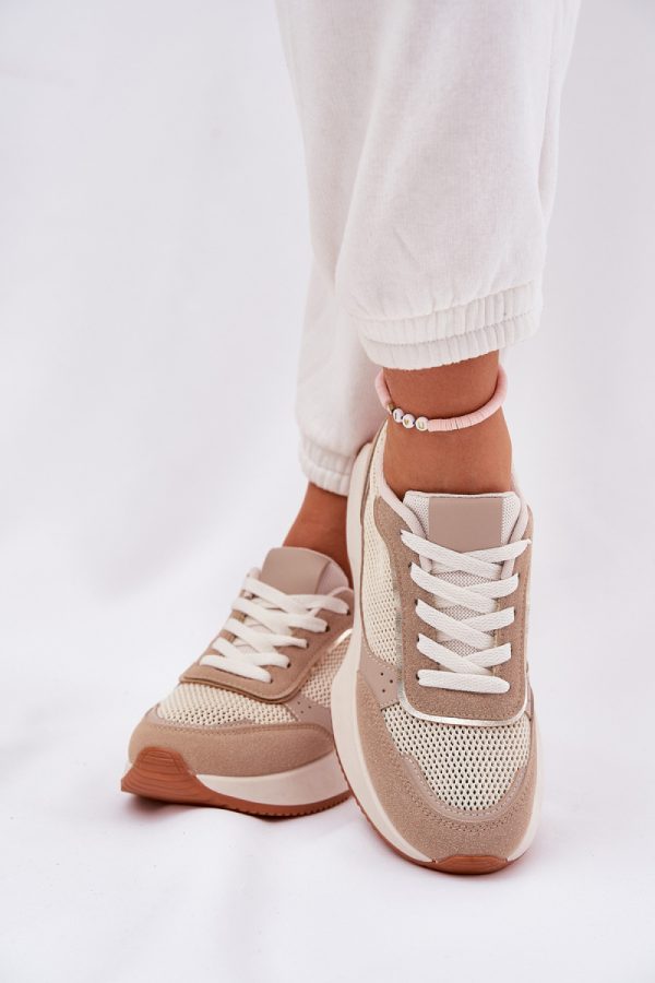 Beige Platform Sneakers in Women`s Athletic Shoes, Trainers, Sneakers with Fabric, Footbed, Upper Height and Platform Height