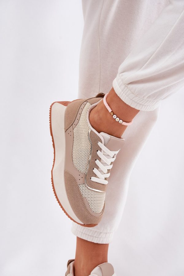 Beige Platform Sneakers in Women`s Athletic Shoes, Trainers, Sneakers with Fabric, Footbed, Upper Height and Platform Height