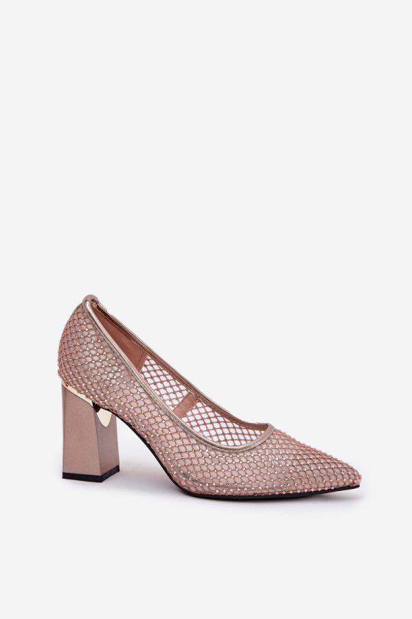 Beige Block Heel Pumps in High Heel Pumps with Fabric, Footbed, Upper Height and Heel Height