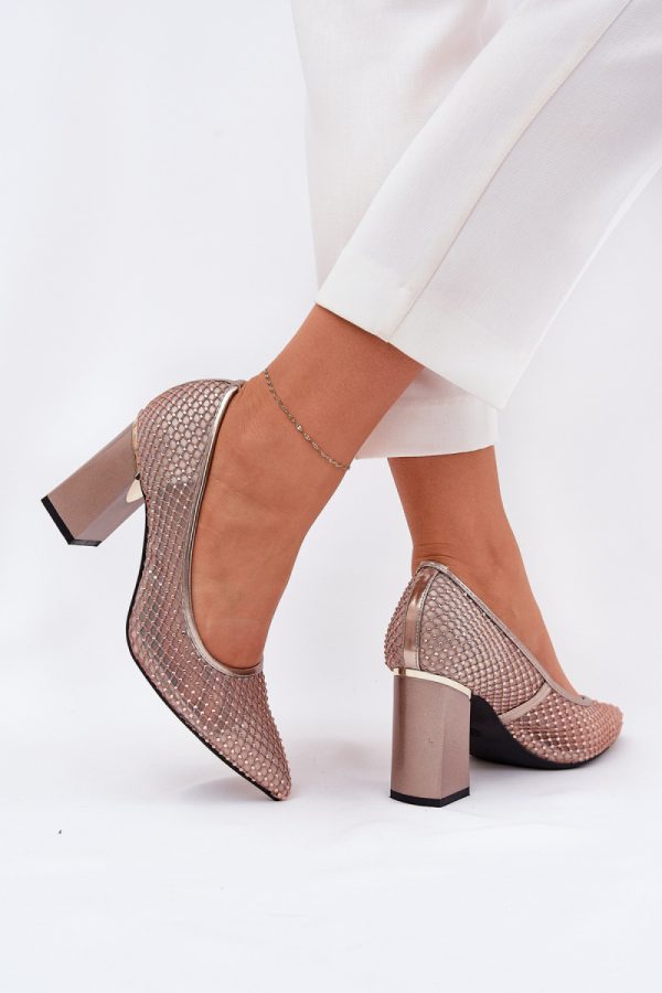 Beige Block Heel Pumps in High Heel Pumps with Fabric, Footbed, Upper Height and Heel Height