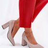 Grey Block Heel Pumps in High Heel Pumps with Fabric, Footbed, Upper Height and Heel Height