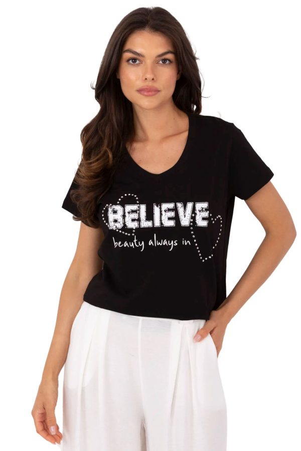 Black T-shirt in Women`s Tops, T-shirts, Singlets with Cotton and Spandex
