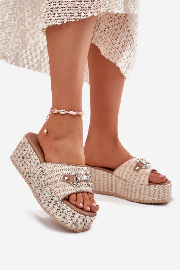 Beige Buskin in Sandals & Flip-Flops For Women with Fabric, Footbed, Heel Height and Platform Height
