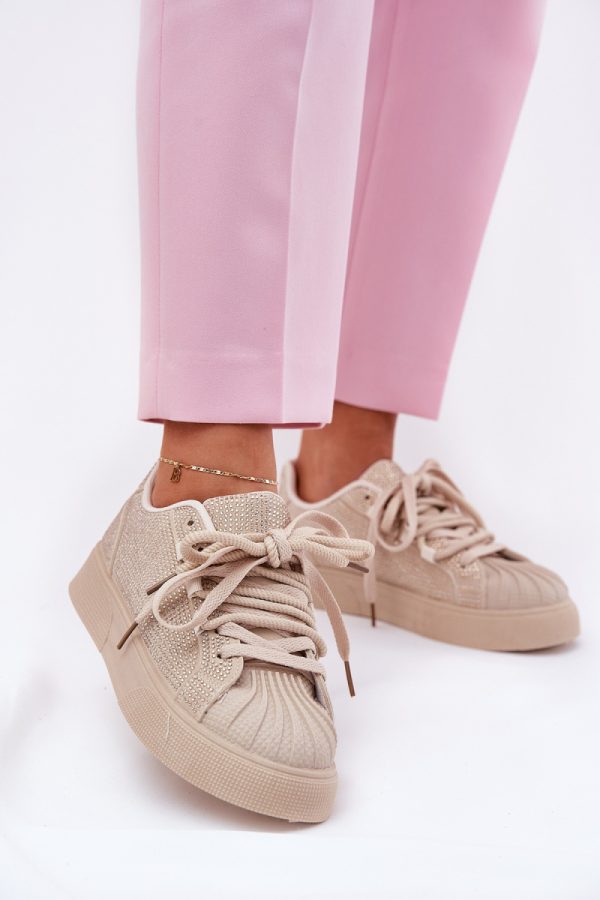Beige Platform Sneakers in Women`s Athletic Shoes, Trainers, Sneakers with Fabric, Footbed, Upper Height and Platform Height