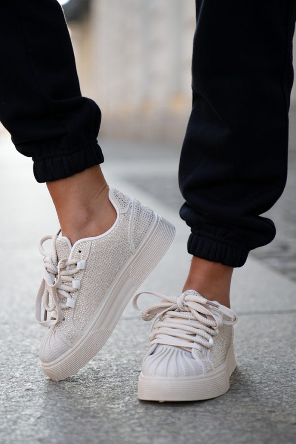 Beige Platform Sneakers in Women`s Athletic Shoes, Trainers, Sneakers with Fabric, Footbed, Upper Height and Platform Height