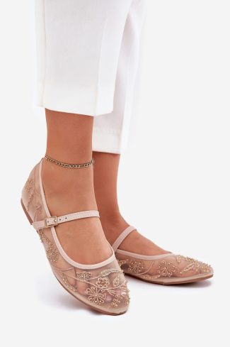 Beige Ballet Flats in Ballet Flats, Ballet Pumps For Women with Fabric, Footbed and Heel Height