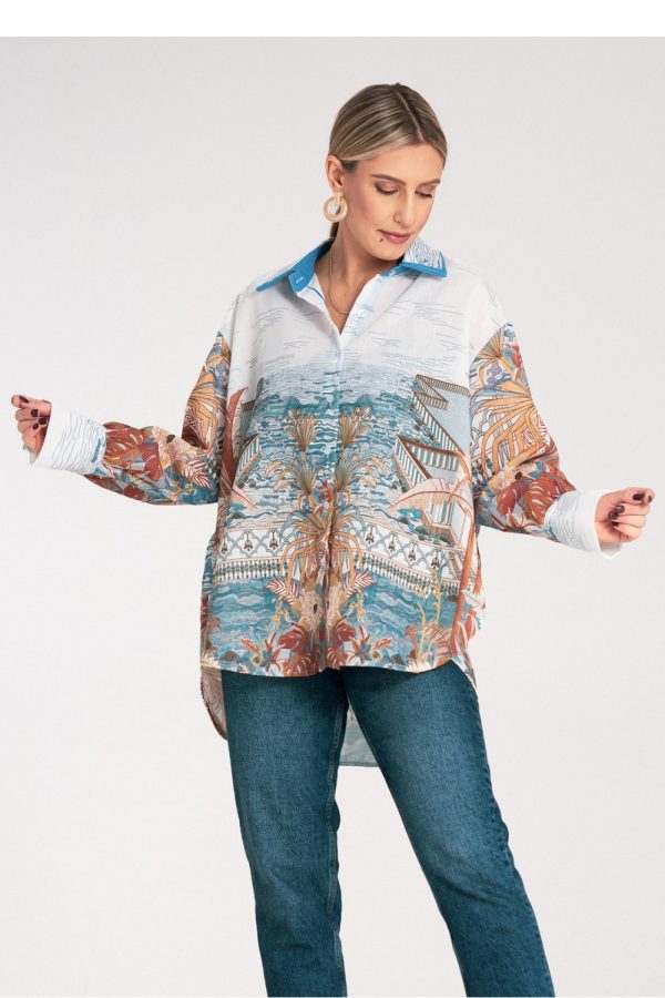 Blue Long Sleeve Shirt in Shirts For Women with Polyester