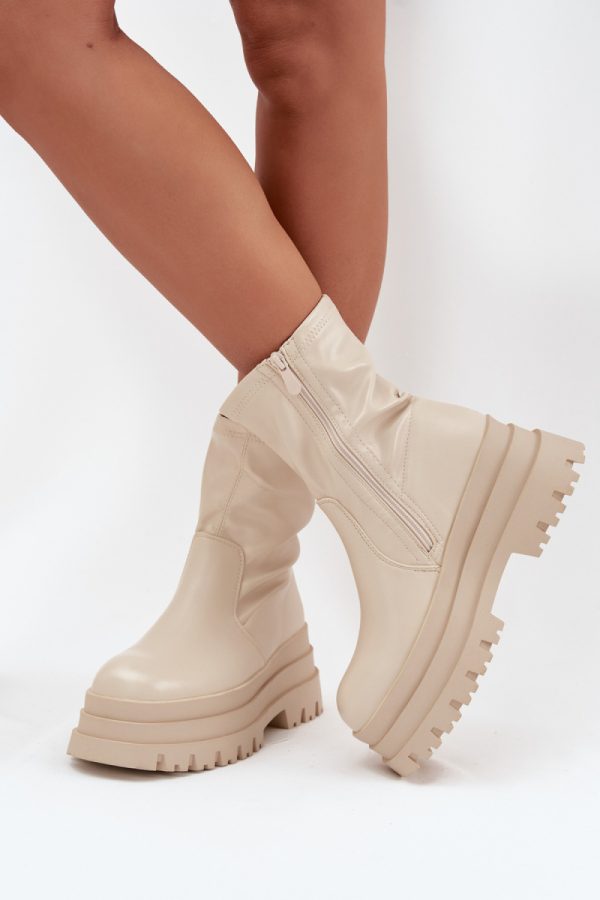 Beige Boots in Women`s Ankle Boots & Booties with Fabric, Warmers, Footbed, Upper Height and Platform Height