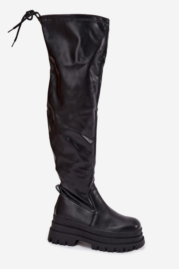 Black Thigh-Hight Boots in Over The Knee High Boots, Thigh High Boots with Fabric, Warmers, Footbed, Upper Height and Platform Height