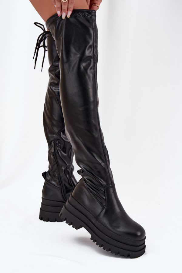 Black Thigh-Hight Boots in Over The Knee High Boots, Thigh High Boots with Fabric, Warmers, Footbed, Upper Height and Platform Height