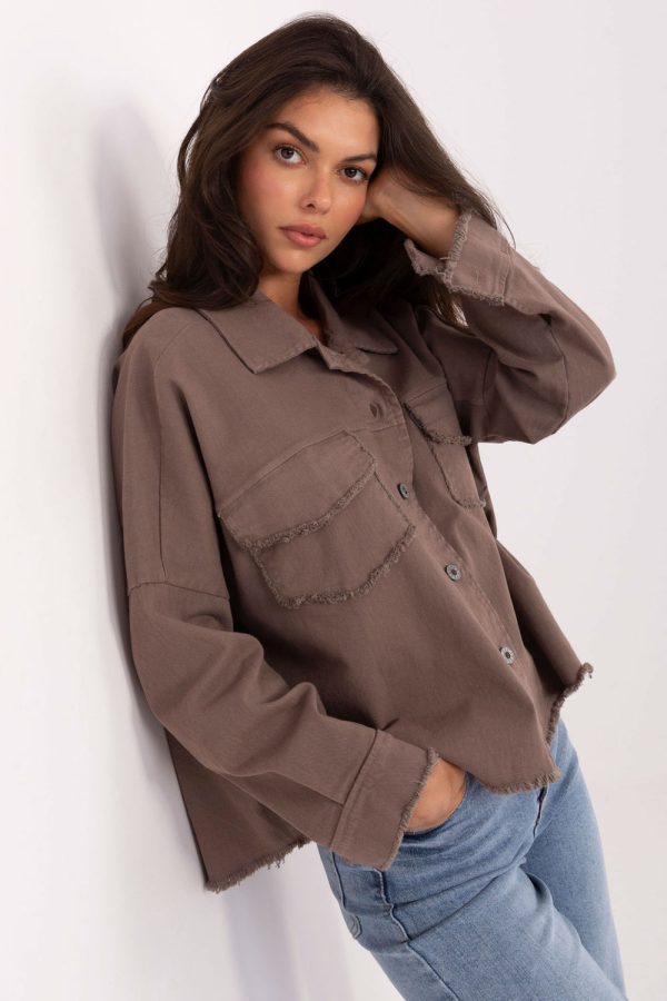 Beige Long Sleeve Shirt in Shirts For Women with Cotton and Spandex