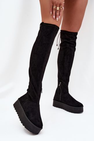 Black Thigh-Hight Boots in Over The Knee High Boots, Thigh High Boots with Fabric, Warmers, Footbed, Upper Height and Platform Height