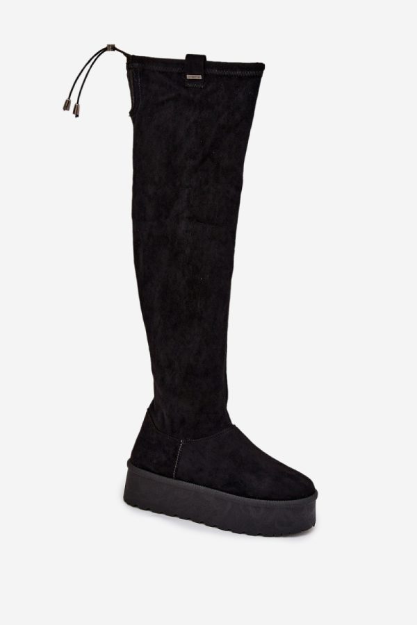 Black Thigh-Hight Boots in Over The Knee High Boots, Thigh High Boots with Fabric, Warmers, Footbed, Upper Height and Platform Height