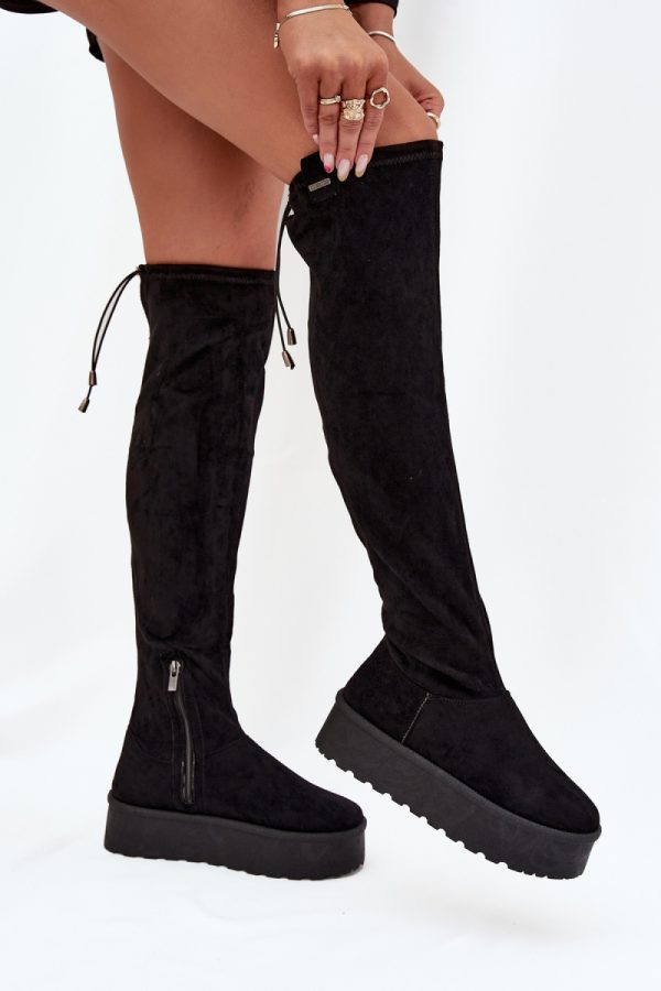 Black Thigh-Hight Boots in Over The Knee High Boots, Thigh High Boots with Fabric, Warmers, Footbed, Upper Height and Platform Height