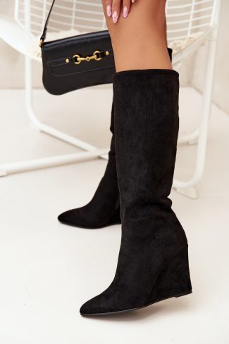 Black Buskin Boots in Over The Knee High Boots, Thigh High Boots with Fabric, Footbed, Upper Height and Heel Height