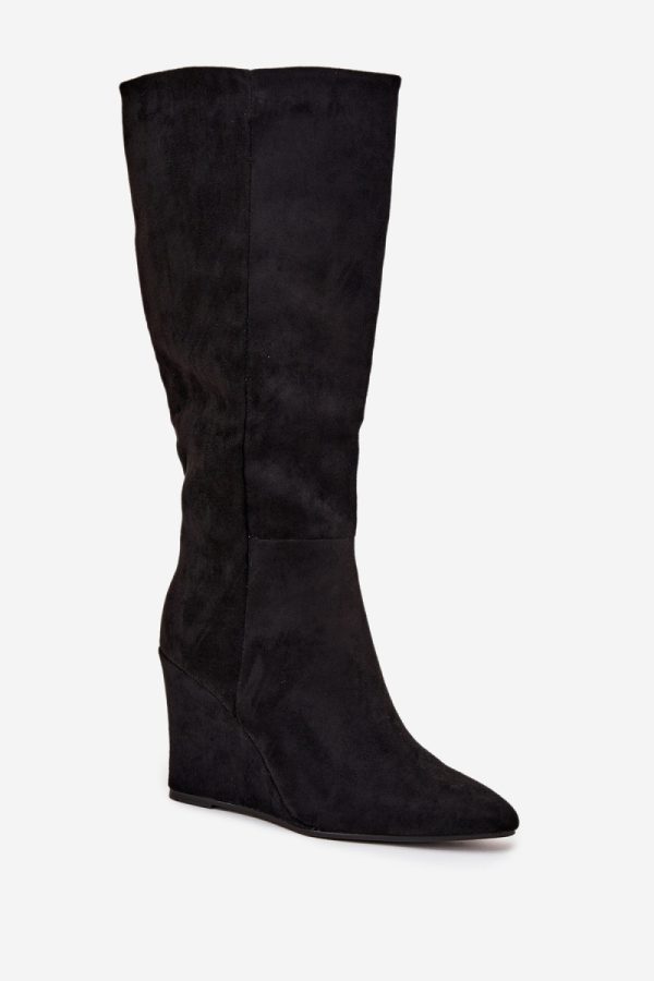 Black Buskin Boots in Over The Knee High Boots, Thigh High Boots with Fabric, Footbed, Upper Height and Heel Height