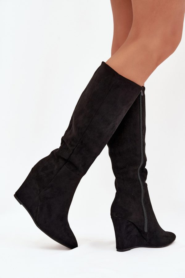 Black Buskin Boots in Over The Knee High Boots, Thigh High Boots with Fabric, Footbed, Upper Height and Heel Height