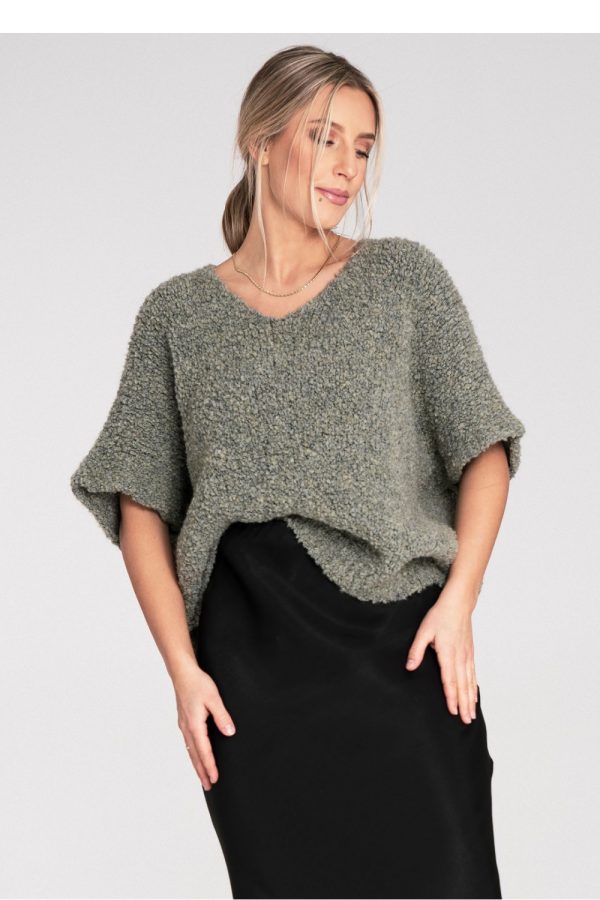 Green Short Sleeve Sweater in Sweaters, Pullovers, Jumpers, Turtlenecks, Boleros, Shrugs with Acrylic, Spandex, Polyester and Wool