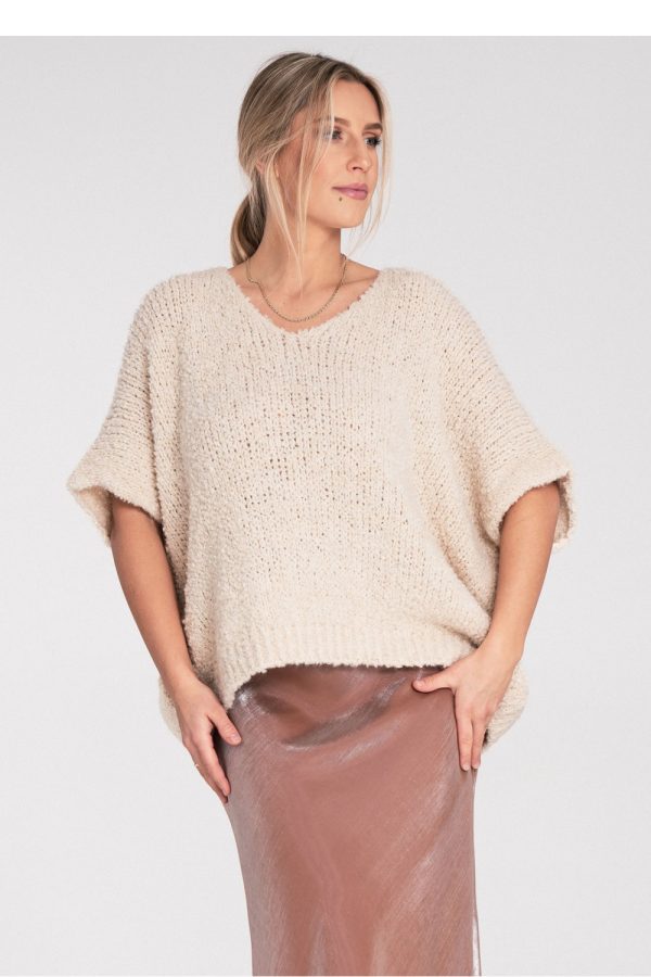 Beige Short Sleeve Sweater in Sweaters, Pullovers, Jumpers, Turtlenecks, Boleros, Shrugs with Acrylic, Spandex, Polyester and Wool