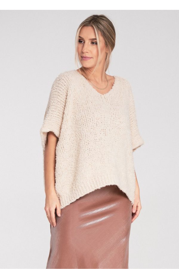 Beige Short Sleeve Sweater in Sweaters, Pullovers, Jumpers, Turtlenecks, Boleros, Shrugs with Acrylic, Spandex, Polyester and Wool
