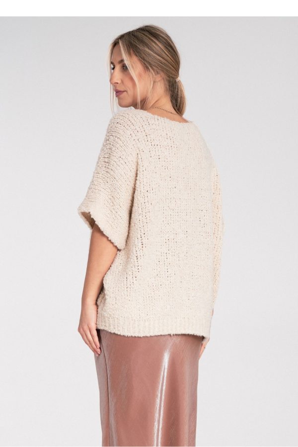 Beige Short Sleeve Sweater in Sweaters, Pullovers, Jumpers, Turtlenecks, Boleros, Shrugs with Acrylic, Spandex, Polyester and Wool