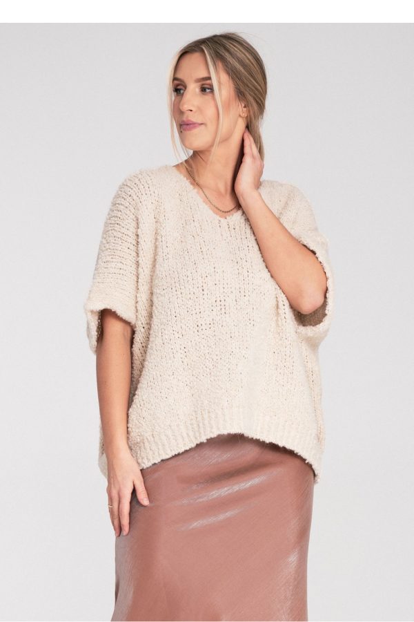 Beige Short Sleeve Sweater in Sweaters, Pullovers, Jumpers, Turtlenecks, Boleros, Shrugs with Acrylic, Spandex, Polyester and Wool
