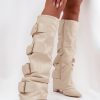 Beige Heel Boots in Over The Knee High Boots, Thigh High Boots with Fabric, Footbed, Upper Height and Heel Height