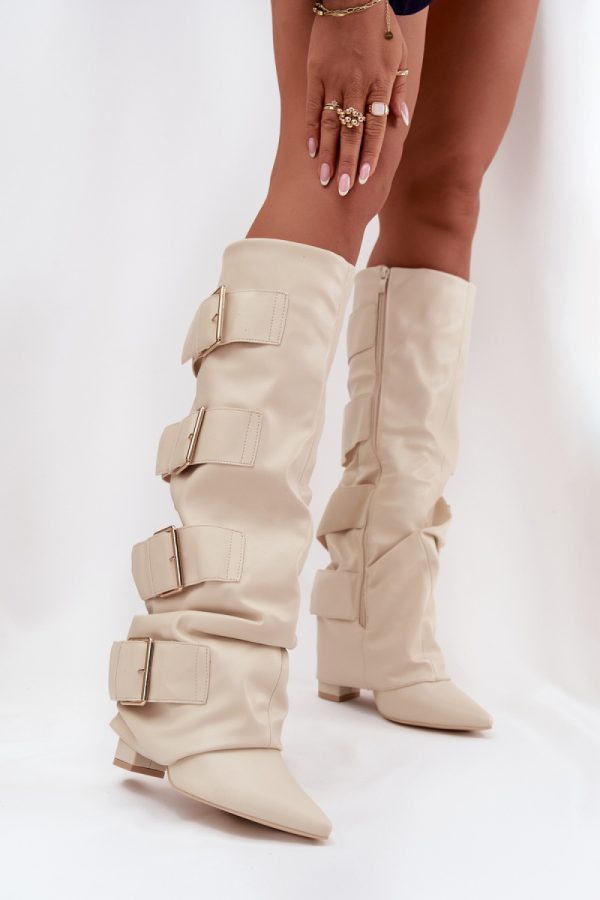 Beige Heel Boots in Over The Knee High Boots, Thigh High Boots with Fabric, Footbed, Upper Height and Heel Height