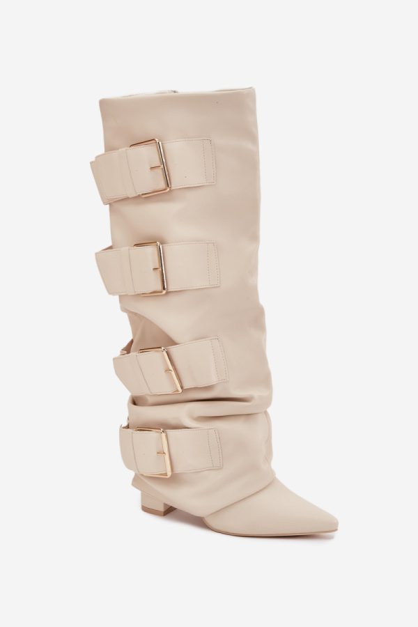 Beige Heel Boots in Over The Knee High Boots, Thigh High Boots with Fabric, Footbed, Upper Height and Heel Height