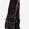 Black Heel Boots in Over The Knee High Boots, Thigh High Boots with Fabric, Footbed, Upper Height and Heel Height