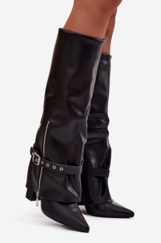 Black Heel Boots in Over The Knee High Boots, Thigh High Boots with Fabric, Footbed, Upper Height and Heel Height