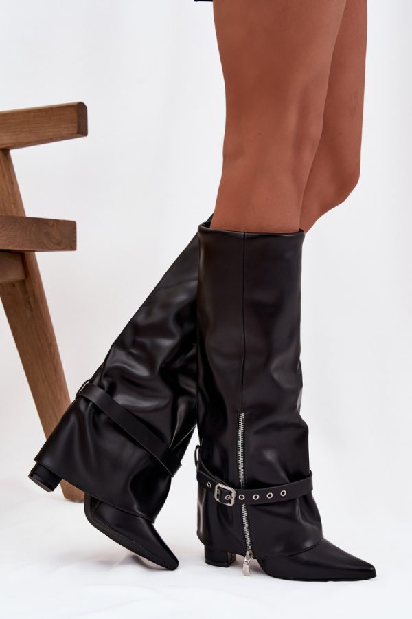 Black Heel Boots in Over The Knee High Boots, Thigh High Boots with Fabric, Footbed, Upper Height and Heel Height