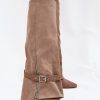 Beige Heel Boots in Over The Knee High Boots, Thigh High Boots with Fabric, Footbed, Upper Height and Heel Height